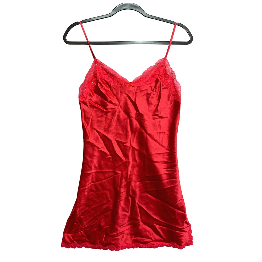 Victoria's Secret Chemise Womens S Red Satin Lace Trim Sparkle Nightie